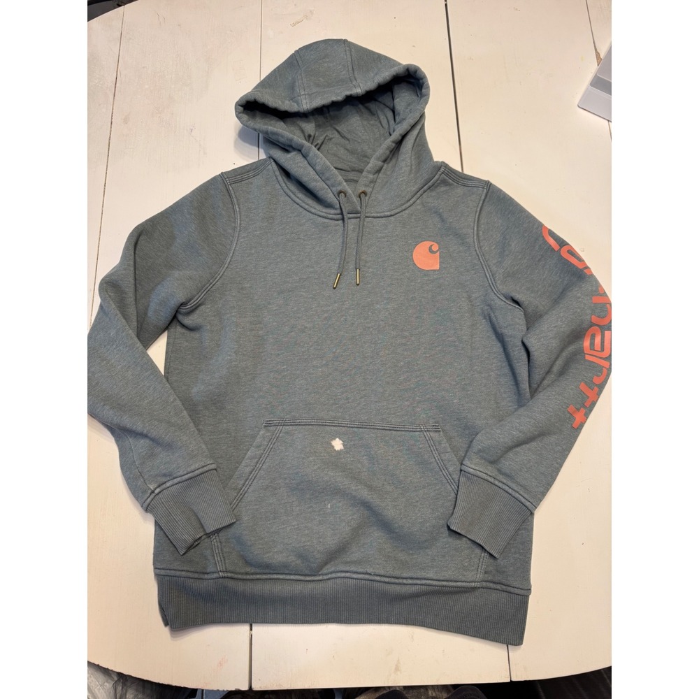 Carhartt Womens Relaxed Fit Hoodie Blue Grey Coral Logo Sleeve Graphic Small 4/6
